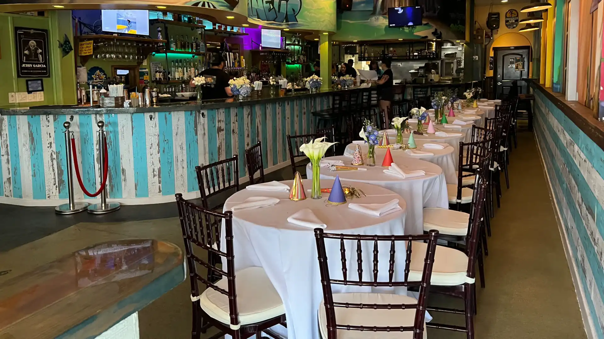 Tables set up for a private party event at Food Shack restaurant