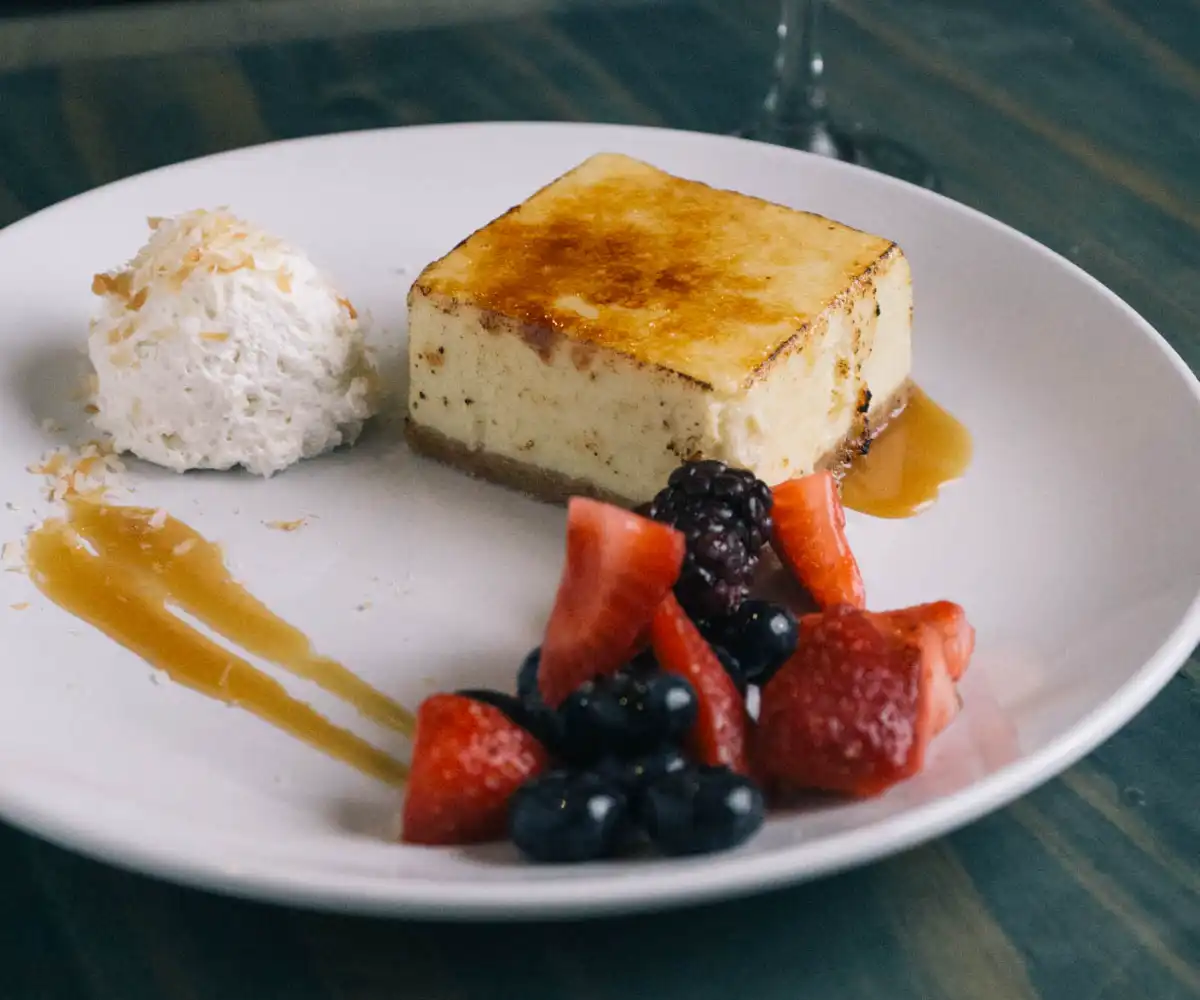 White chocolate coconut creme brulee cheesecake